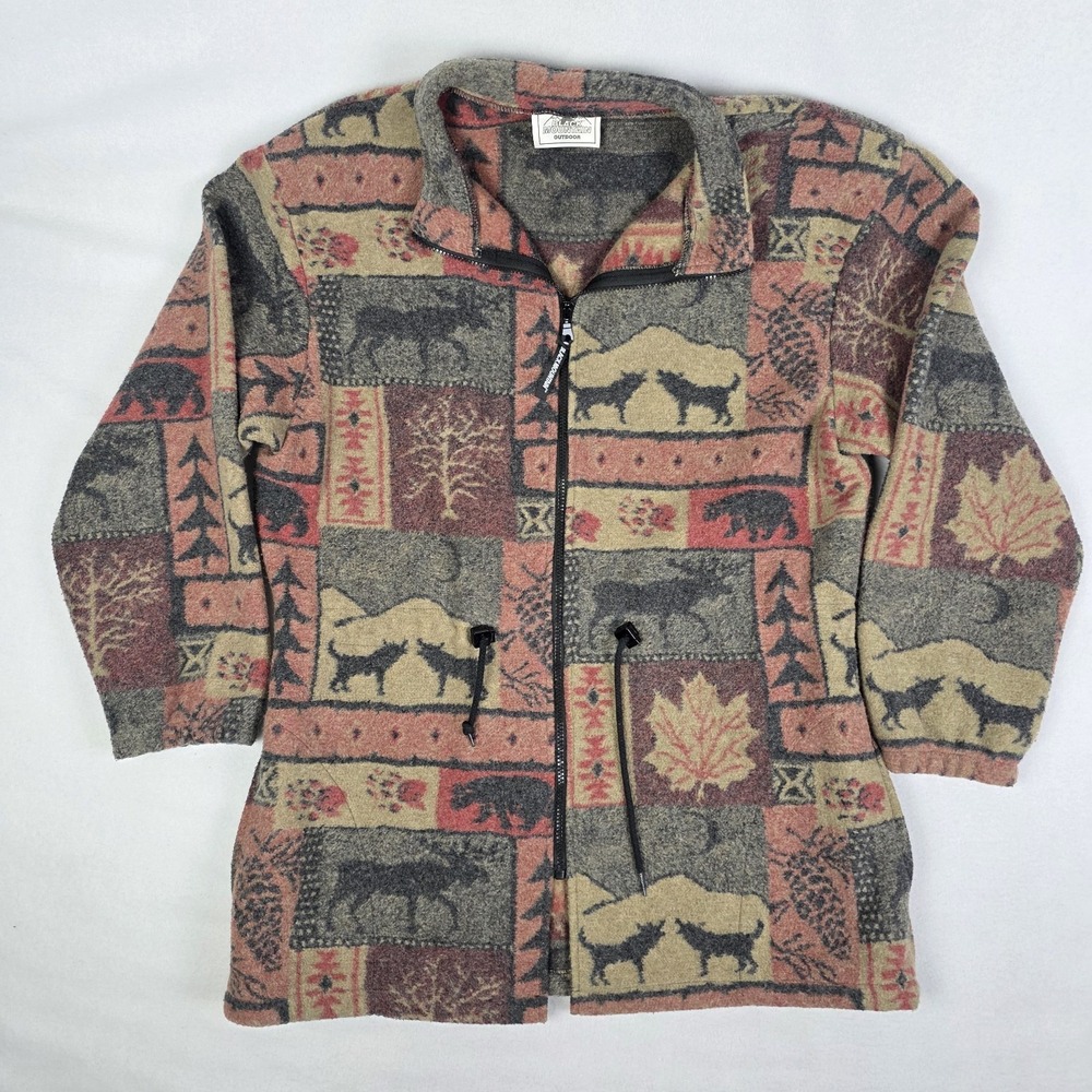 Black Mountain Outdoor Fleece Jacket Mens XL Vintage Bear Moose Wolf Tapestry